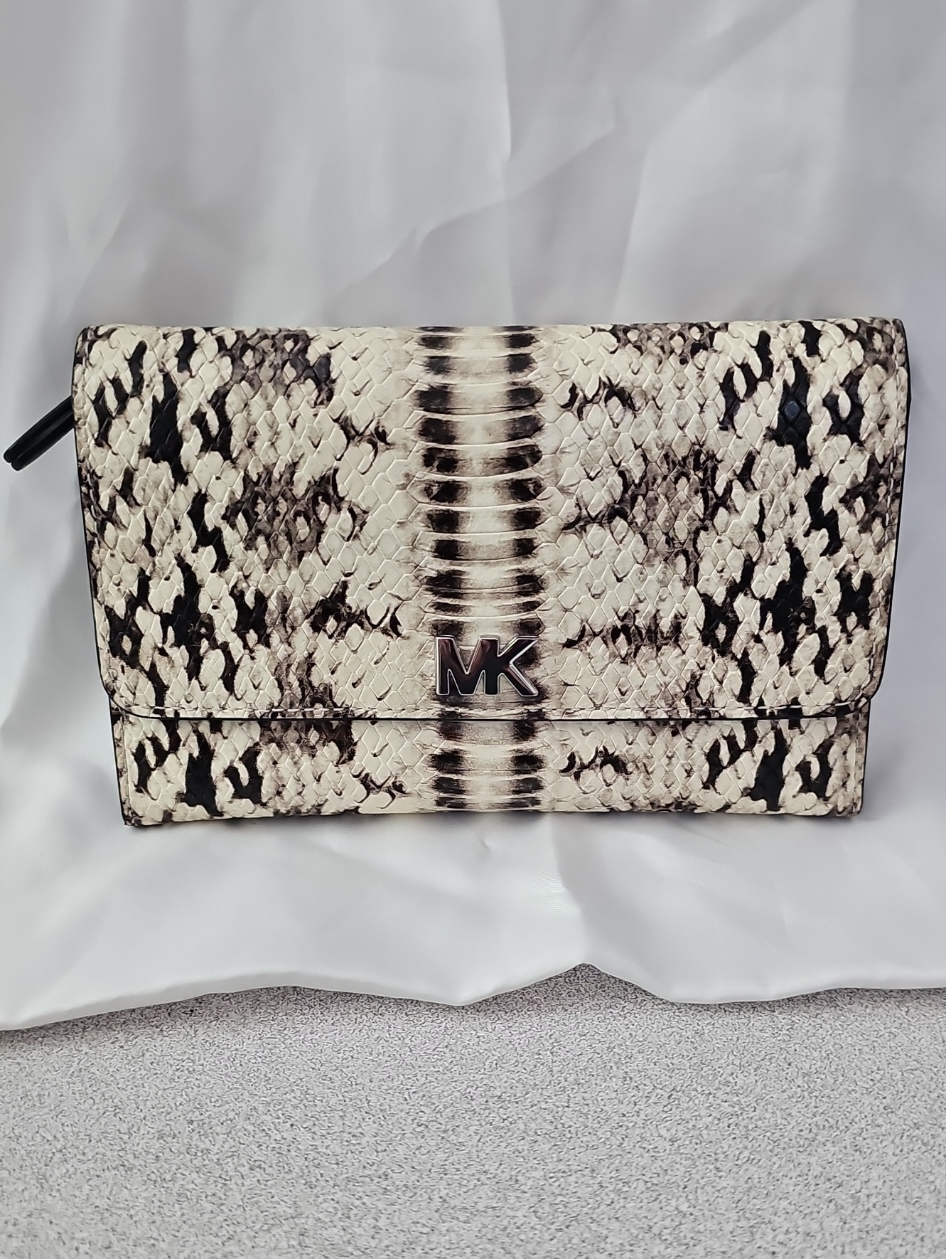 Michael Kors Snakeskin-Print Foldover Clutch - Black & Cream